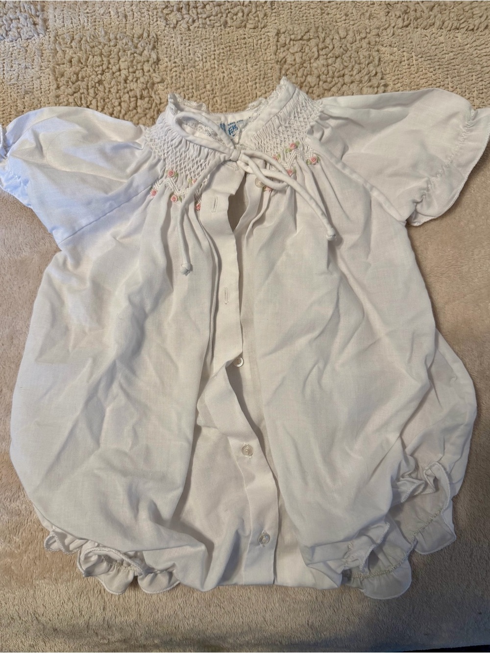 Vintage Feldmans White Smocked Baby Romper with Tie Neck